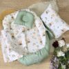 Pack Naissance Cocon / Calle bébé – "Teddy Rainbow" Vert Sauge & Blanc