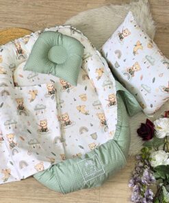 Pack Naissance Cocon / Calle bébé – "Teddy Rainbow" Vert Sauge & Blanc