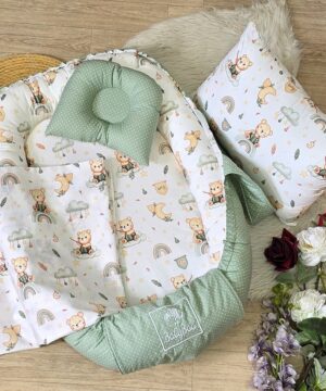 Pack Naissance Cocon / Calle bébé – "Teddy Rainbow" Vert Sauge & Blanc