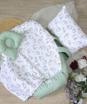 Cocon bébé Vert Menthe “Petits Moutons” – 100% Pur Coton OEKO-TEX & Fibre Anti-Allergique – BabyBoo