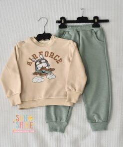Ensemble bébé / enfant “Aviator Bunny” – Beige & Vert Sauge (Sweat + Jogging)