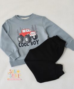 Ensemble garçon “Cool Truck” – Bleu Gris & Noir (Sweat + Jogging)