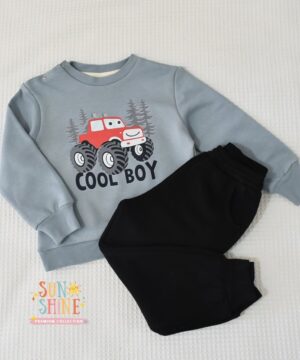 Ensemble garçon “Cool Truck” – Bleu Gris & Noir (Sweat + Jogging)