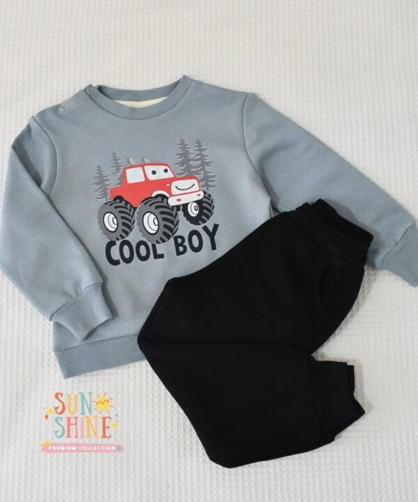 Ensemble garçon “Cool Truck” – Bleu Gris & Noir (Sweat + pantalon)