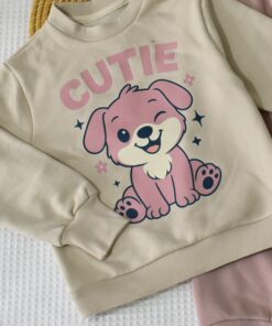 Alternative view of Ensemble bébé / enfant “Cutie Puppy” – Beige & Rose (Sweat + Jogging)