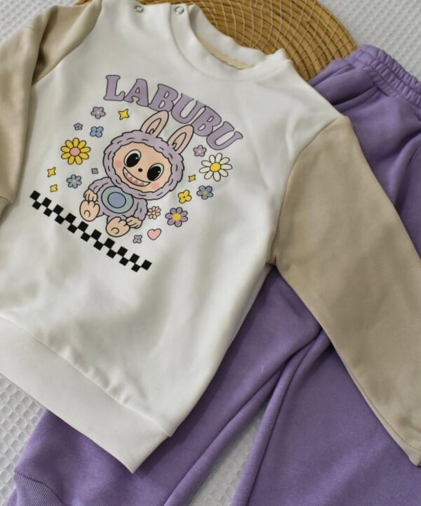 Ensemble bébé / enfant 🌸 “Labubu Pastel” – Beige & Lavande (Sweat + Pantalon) – Image 4