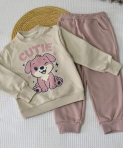 Ensemble bébé / enfant “Cutie Puppy” – Beige & Rose (Sweat + Jogging)