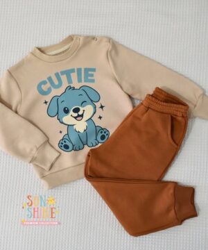Ensemble bébé / enfant “Cutie Puppy” – Beige & Caramel (Sweat + Jogging)
