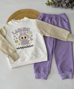 Alternative view of Ensemble bébé / enfant 🌸 “Labubu Pastel” – Beige & Lavande (Sweat + Pantalon)
