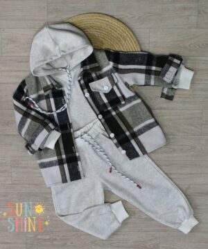 Ensemble 3 Pièces – Carreaux Vert Olive & Gris