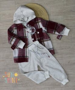 Ensemble 3 Pièces – Carreaux Bordeaux & Gris