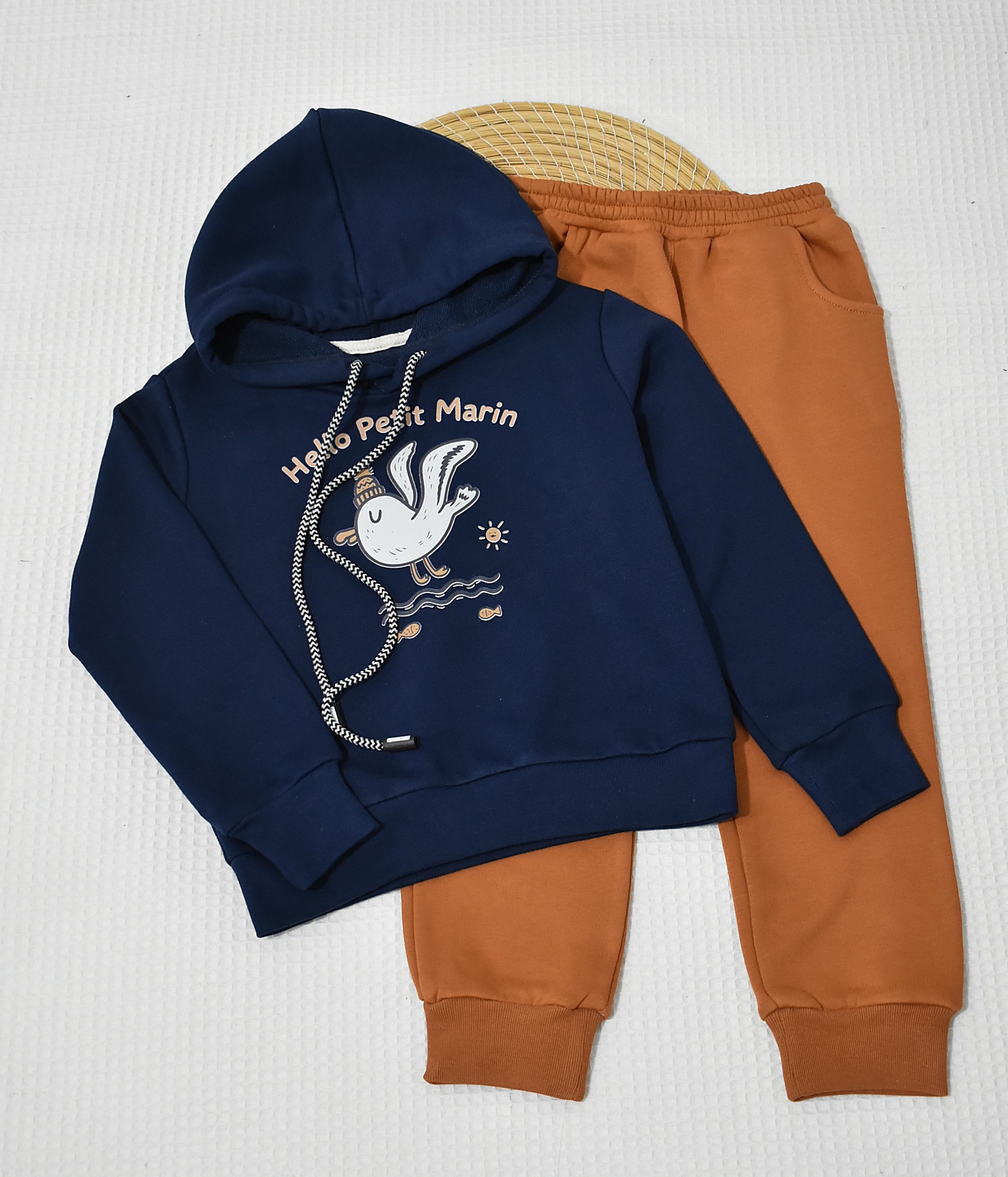 Ensemble jogging garçon à capuche “Petit Marin navy & rouille” – coton premium OEKO-TEX®