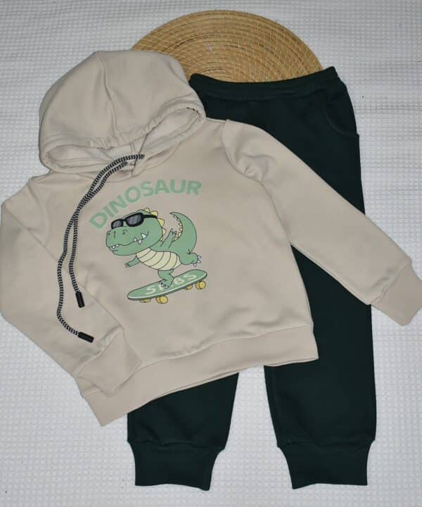 Ensemble Jogging à Capuche “Dinosaur Skate” – Beige & Vert Foncé