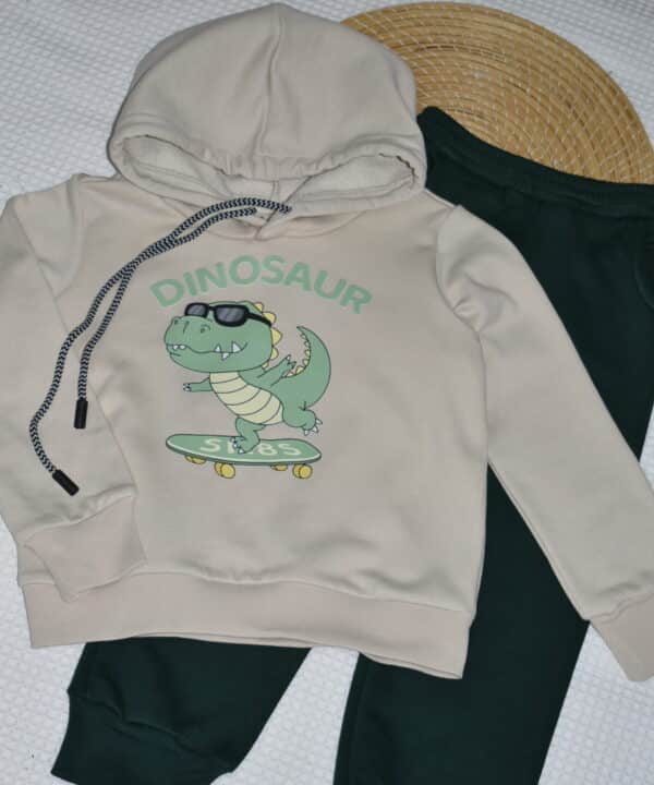 Ensemble Jogging à Capuche “Dinosaur Skate” – Beige & Vert Foncé – Image 5