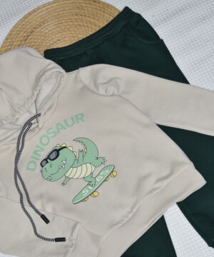 Alternative view of Ensemble Jogging à Capuche “Dinosaur Skate” – Beige & Vert Foncé
