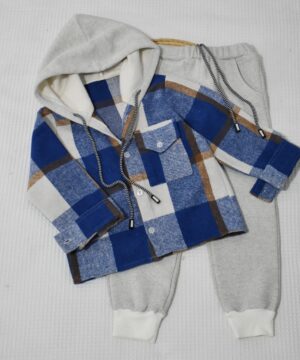 Ensemble Sur-chemise à Capuche & Jogging – Carreaux bleu & gris clair
