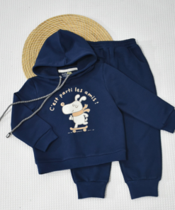 Ensemble bébé à capuche – Motif chien “C’est parti les amis !” – Bleu Marine