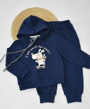 Ensemble bébé à capuche – Motif chien “C’est parti les amis !” – Bleu Marine