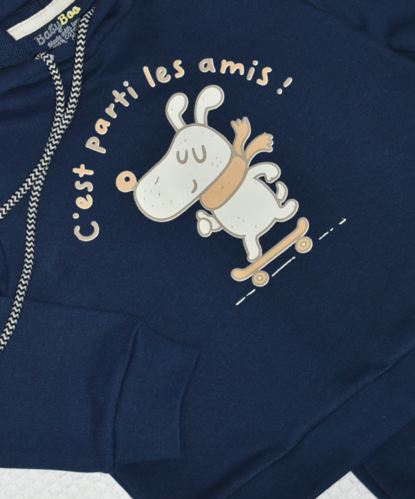 Alternative view of Ensemble bébé à capuche – Motif chien “C’est parti les amis !” – Bleu Marine