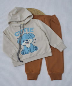 Ensemble bébé à capuche – Motif CUTIE – Beige & Caramel