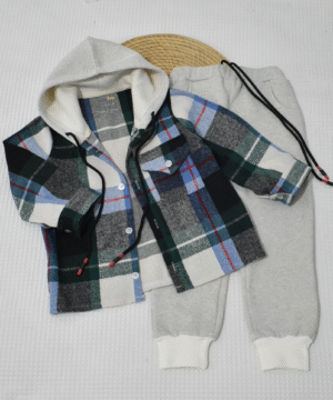 Ensemble 2 Pièces Garçon – Chemise à Capuche Carreaux Bleu Vert Foncé + Pantalon Gris