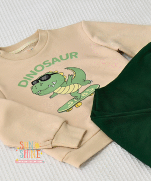 Alternative view of Ensemble jogging garçon “Dino Skater beige & vert foncé” – coton premium OEKO-TEX®