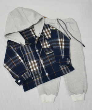 Ensemble Garçon à Capuche – Chemise à Carreaux Bleu Marine & Jogging Gris