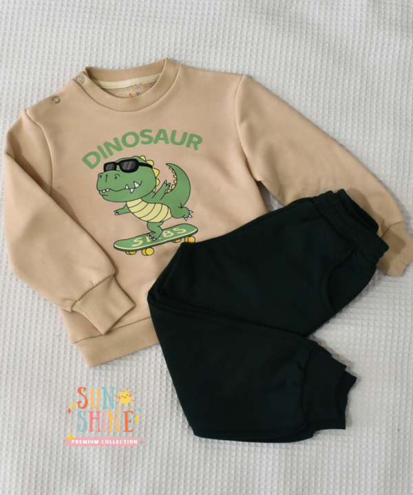 Ensemble jogging garçon “Dino Skater beige & vert foncé” – coton premium OEKO-TEX® – Image 4