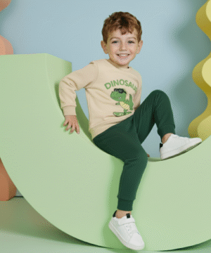 Ensemble jogging garçon “Dino Skater beige & vert foncé” – coton premium OEKO-TEX®