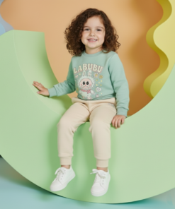 Alternative view of Ensemble jogging enfant Labubu pastel vert & beige – coton premium