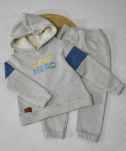 Jogging bébé SUPER HERO – Molleton 100% coton gratté Bleu et Gris
