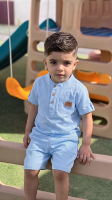 Ensemble en Lin Bébé et Enfant Bleu Pastel – Tenue Été & Cérémonie | Babyboo
