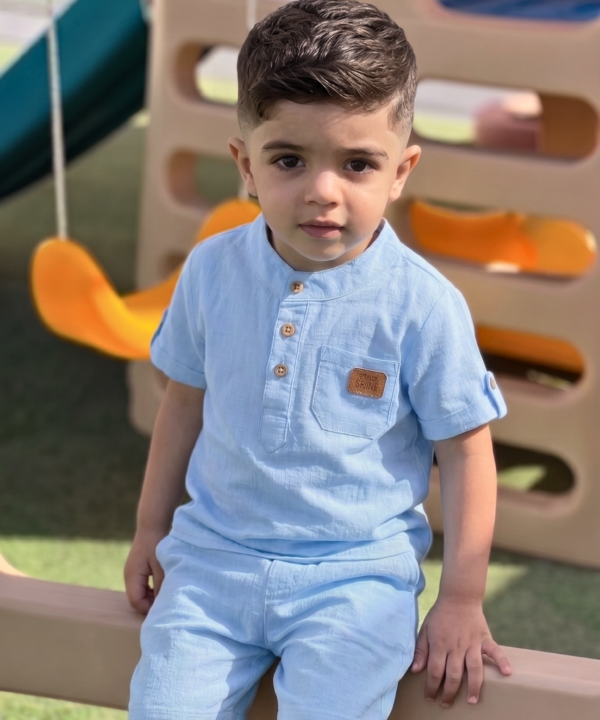 Ensemble en Lin Bébé et Enfant Bleu Pastel – Tenue Été & Cérémonie | Babyboo