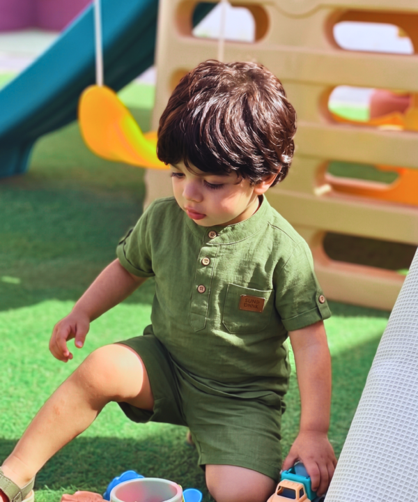 Ensemble en Lin Bébé et Enfant Vert Olive – Tenue Été & Cérémonie | Babyboo