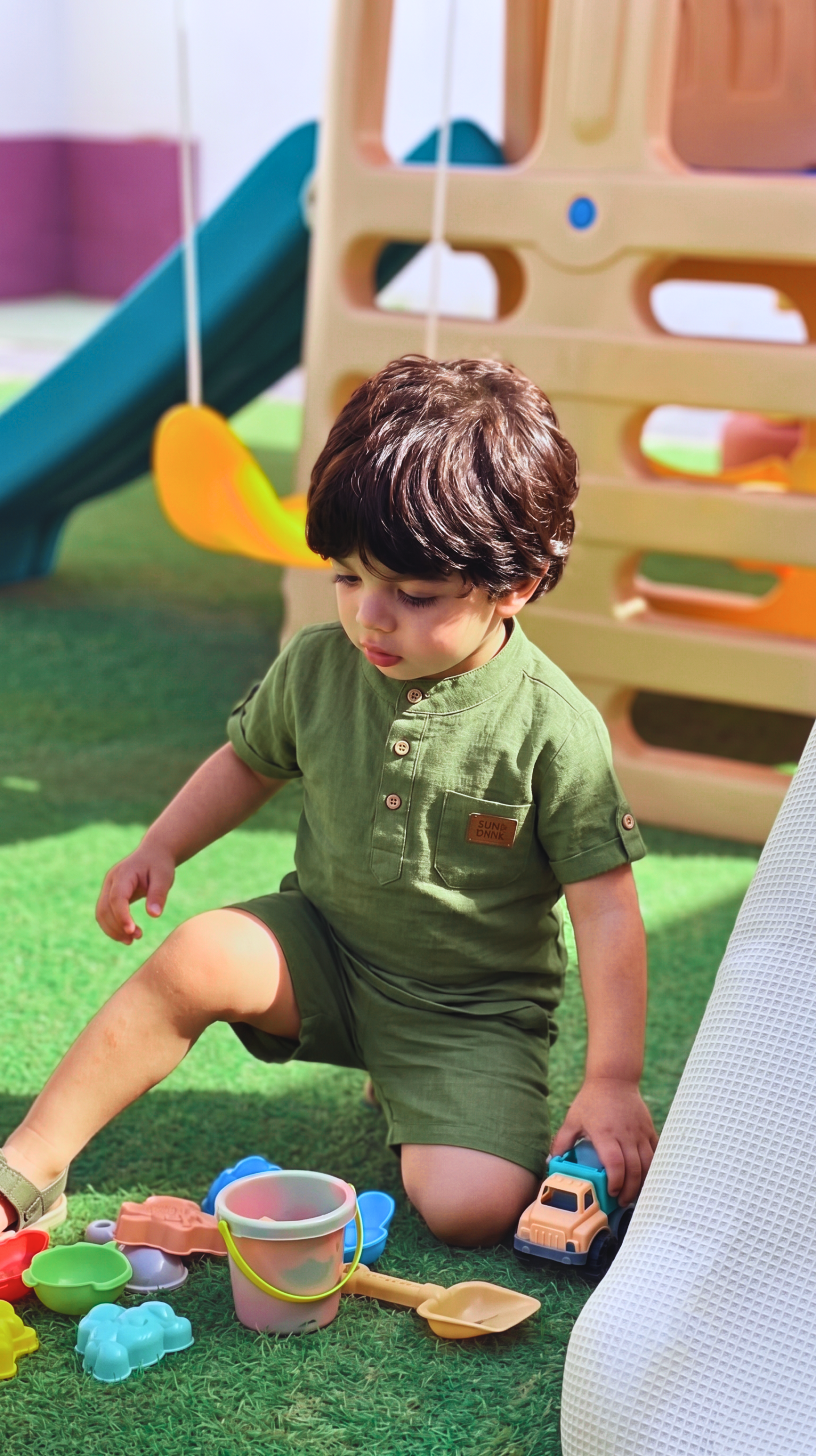 Ensemble en Lin Bébé et Enfant Vert Olive – Tenue Été & Cérémonie | Babyboo
