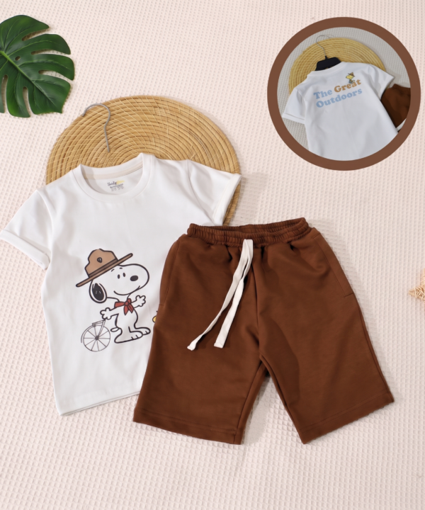 Ensemble Été - T-shirt Blanc Snoopy et Short Marron