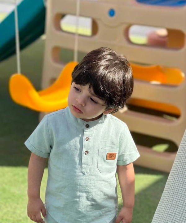 Ensemble en Lin Bébé et Enfant Vert Sauge – Tenue Été & Cérémonie | Babyboo