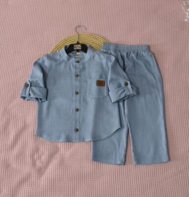 Ensemble en Lin Garçon – Bleu Pastel – Pantalon et Chemise à Manches Longues | Babyboo