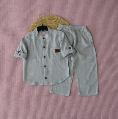 Ensemble en Lin Garçon – gris clair – Pantalon et Chemise à Manches Longues | Babyboo