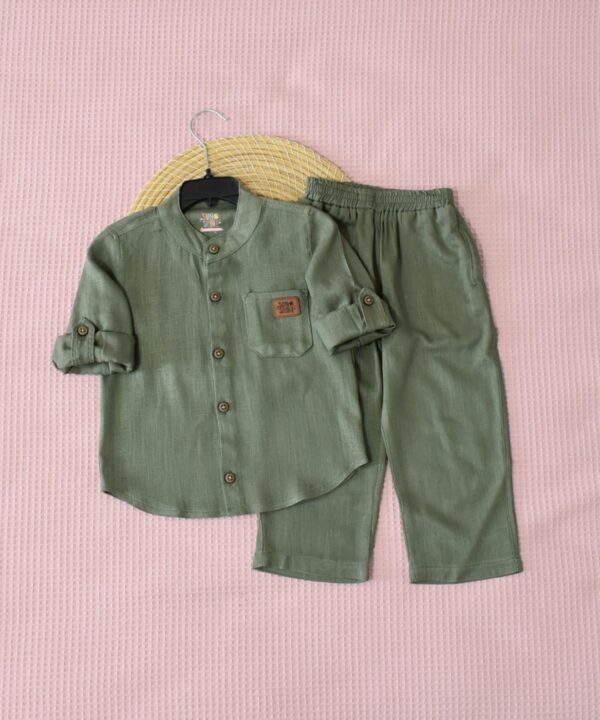 Ensemble en Lin Garçon – Vert  – Pantalon et Chemise à Manches Longues | Babyboo