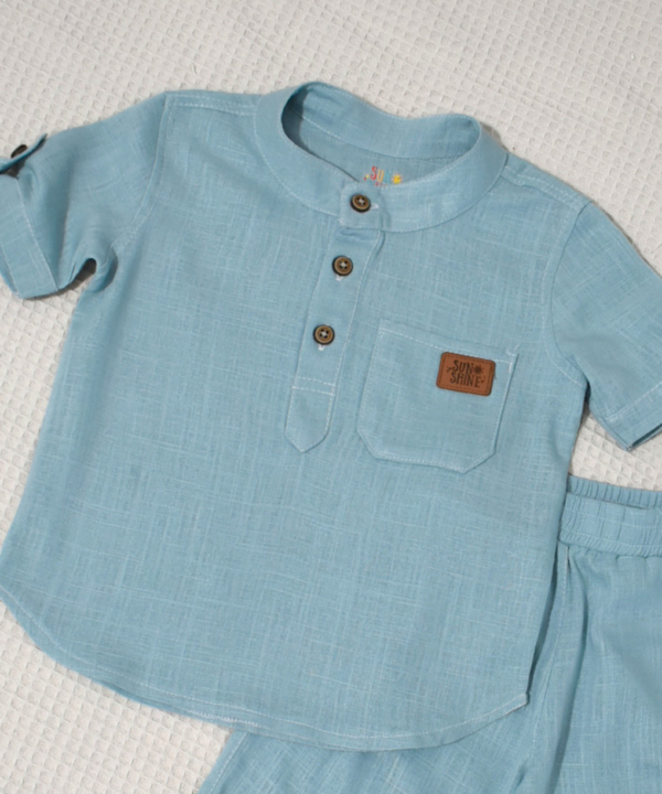 Alternative view of Ensemble en Lin Bébé et Enfant Bleu vert  – Tenue Été & Cérémonie | Babyboo