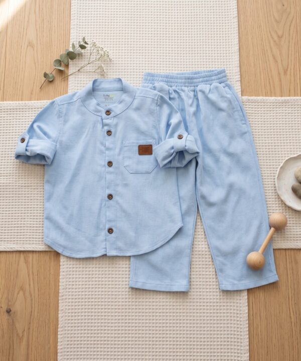 Ensemble en Lin Garçon – Bleu ciel – Pantalon et Chemise à Manches Longues | Babyboo