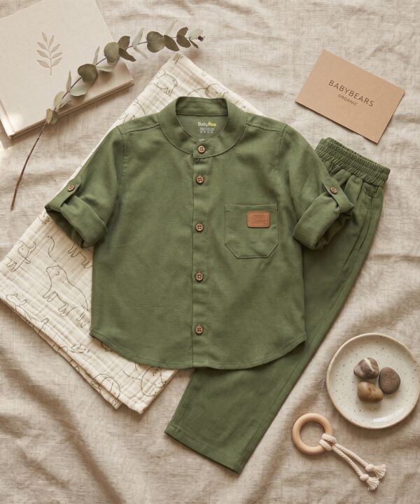 Ensemble en Lin Garçon – vert   – Pantalon et Chemise à Manches Longues | Babyboo