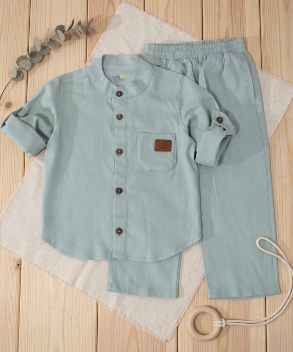 Ensemble en Lin Garçon – vert d'eau – Pantalon et Chemise à Manches Longues | Babyboo