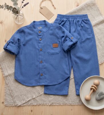 Ensemble en Lin Garçon –Bleu Océan – Pantalon et Chemise à Manches Longues | Babyboo
