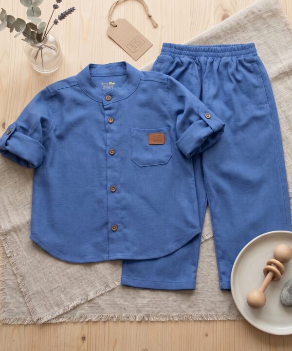 Ensemble en Lin Garçon –Bleu Océan – Pantalon et Chemise à Manches Longues | Babyboo