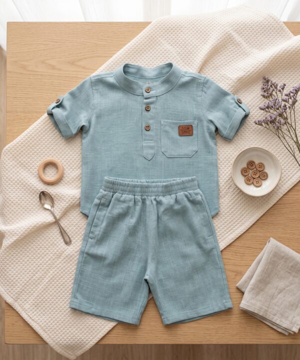 Ensemble en Lin Bébé et Enfant Bleu vert  – Tenue Été & Cérémonie | Babyboo