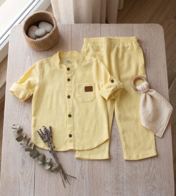 Ensemble en Lin Garçon – Jaune Poussin  – Pantalon et Chemise à Manches Longues | Babyboo