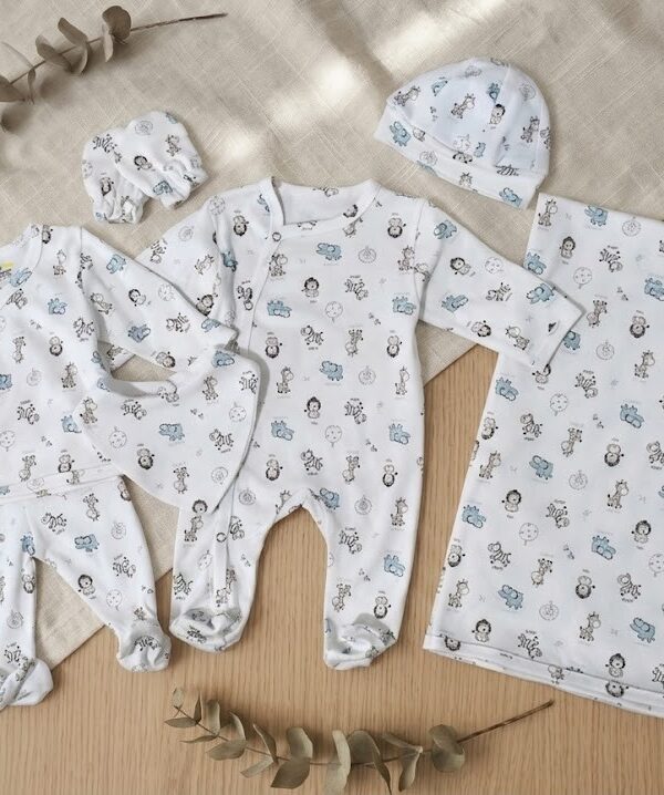 PACK Naissance 7 Pièces - Motif Bleu Safari