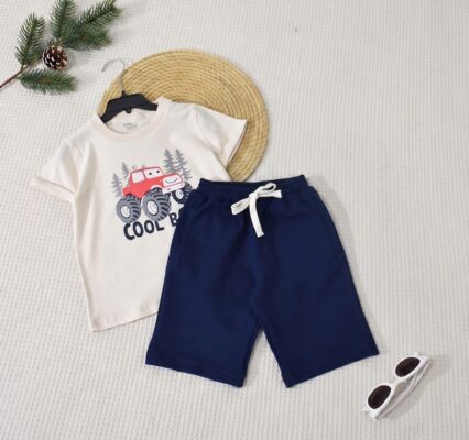 Ensemble Été - T-shirt "cool " et Short Bleu Marine